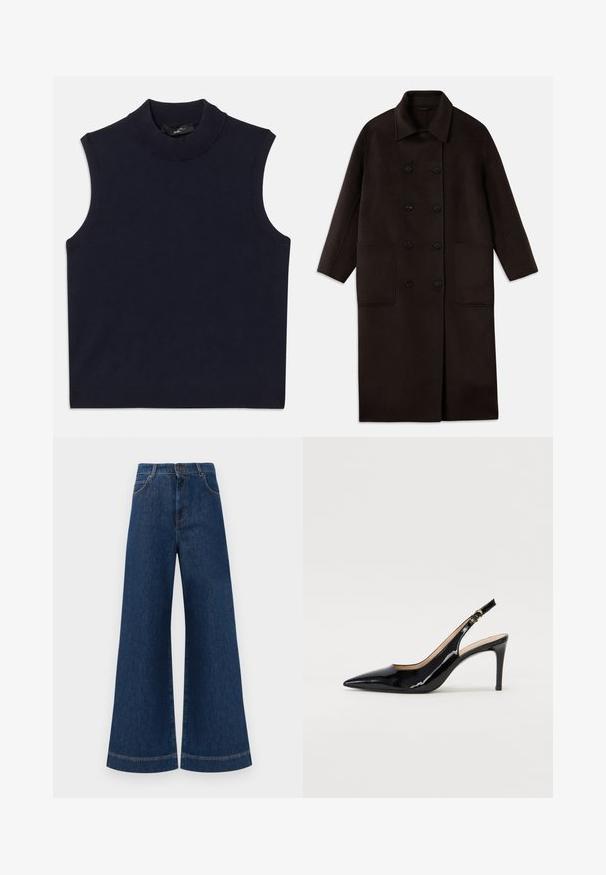 Sötétbarna, hosszú gyapjúszövet kabát dupla gombos záródással, széles gallérral, hosszú ujjaival és két nagy elülső zsebbel.; Tengerészeti ujjatlan pulóver magas bordás gallérral, sima textúrával és bordázott aljjal. Egyszerű, minimalista dizájn, minták nélkül.; Magas derekú, széles lábú kék farmernadrág, gombos záródással, övhurkokkal és diszkrét varrási részletekkel a zsebeknél és a szegélyeknél.; Fekete lakk bőr kötött magassarkú cipő, hegyes orral és karcsú sarokkal, finom kivágásos dizájnnal. Az övön arany csatt található.
