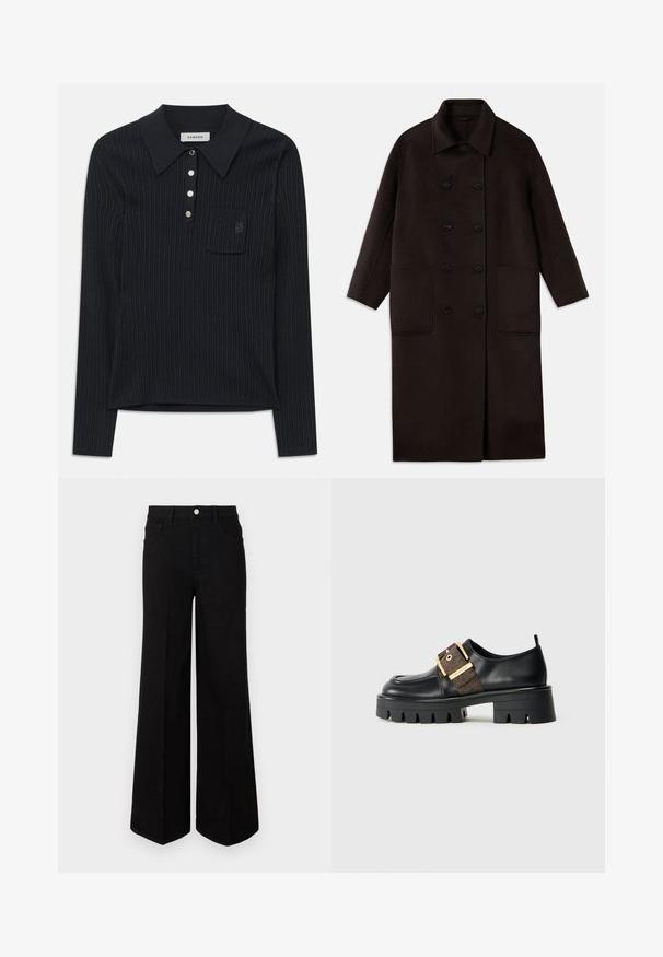 Tumši brūns, garš vilnas mētelis ar dubultām pogām, plašu apkakli, garām piedurknēm un divām lielām priekšējām kabatām.; Melnas ribētas džemperis ar garām piedurknēm un apkakli, ar četriem sudraba pogām un mazu krūšu kabatu ar diskreti izšūtu logotipu.; Melna plaša kāju džinsi, izgatavoti no izturīga auduma, ar augstu jostasvietu, priekšējām kabatām un priekšējo pogu aizdari. Džinsu apakšā ir taisns apmale.; Melnas ādas kurpes ar masīvu zoli, ar zelta sprādzi un teksturētu brūnu akcentu. Apaļa purngala forma un minimālistisks dizains.