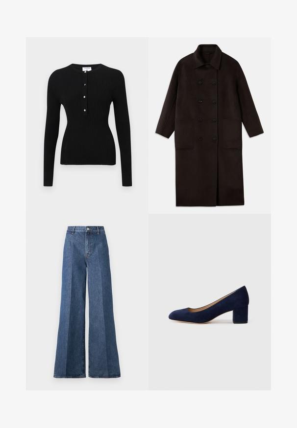 Dunkelbrauner, langer Wollmantel mit doppelreihigen Knöpfen, breitem Kragen, langen Ärmeln und zwei großen vorderen Taschen.; Schwarzes, langärmliges Ripp-Oberteil mit Rundhalsausschnitt und einer Knopfleiste mit silberfarbenen Knöpfen. Glatte Textur, taillierte Passform.; Weite blaue Jeans mit hoher Taille, im klassischen Five-Pocket-Stil und mit Knopfverschluss, aus strukturierter Baumwollstoff gefertigt.; Marineblaue Wildleder-Pumps mit spitzem Zehenbereich und einem mittelhohen Blockabsatz. Glatte Textur mit einem subtilen Glanz und einem kleinen Ausschnitt an der Vorderseite.