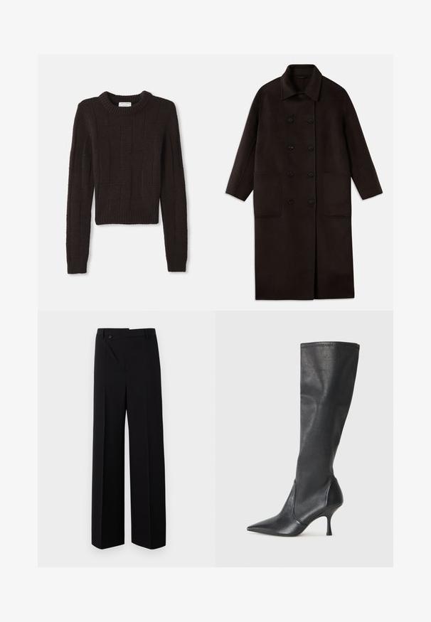 Tumši brūns, garš vilnas mētelis ar dubultām pogām, plašu apkakli, garām piedurknēm un divām lielām priekšējām kabatām.; Brūns īss džemperis ar teksturētu ģeometrisku rakstu, ribinātu apkakli un malu, garām piedurknēm un biezu adījumu.; Melni platās bikses ar taisnu priekša, pogu aizdari un gludu auduma tekstūru. Ievērojama tieša piegriezuma un asu līniju klātbūtne.; Ceļa auguma melni ādas zābaki ar smailu purngalu un šauru stiletto papēdi. Gluda tekstūra ar pieguļošu dizainu un izšuvumiem augšējā malā.