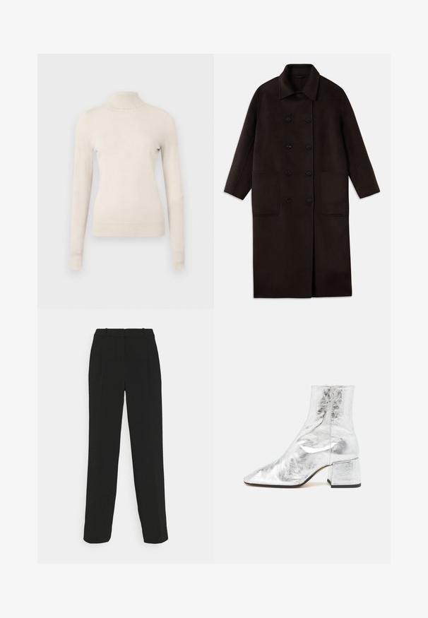 Donkerbruin, lange wollen jas met dubbelrijgsluiting, brede kraag, lange mouwen en twee grote voorzakken.; Lichtbeige coltrui van een zachte brei stof, met lange mouwen en een delicate ruche-detail bij de hals.; Zwarte op maat gemaakte broek met een recht model, kenmerkend door een hoge taille, plooien en een gladde stoftextuur.; Zilveren enkellaarsjes met een spitse neus, glanzende metallic afwerking en een blokhak. Glad oppervlak met minimale stikseldetails.