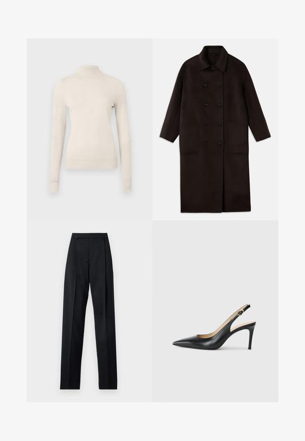 Mørkebrun, lang uldfrakke med dobbeltknapper, bred krave, lange ærmer og to store frontlommer.; Lys beige turtleneck sweater lavet af et blødt strikket stof, med lange ærmer og en delikat rynket detalje ved halsudskæringen.; Sorte bukser lavet af glat stof, der har høj talje, brede ben, frontfolder og klassiske bælteløkker. Ingen synlige sidelommer.; Sorte læder slingback højhælede sko med spids tå, justerbar rem og en slank stiletto hæl, der har en glat finish.