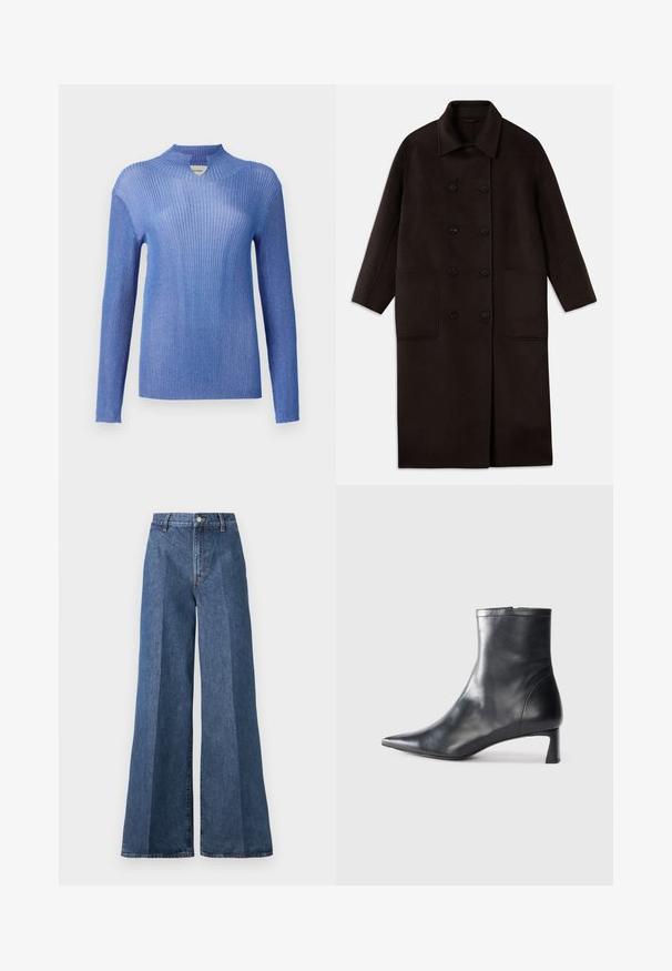 Manteau long en laine marron foncé, à double boutonnage, avec un large col, des manches longues et deux grandes poches avant.; Pull en tricot bleu côtelé avec un col montant et des manches longues. Présente une finition texturée et un léger éclat, offrant une silhouette ajustée.; Jean en denim bleu à jambe large et taille haute, avec une coupe classique à cinq poches et une fermeture à bouton, fabriqué en tissu en coton texturé.; Bottine en cuir noir avec un bout pointu et un design épuré. Présente un petit talon et une fermeture éclair à l'arrière. Texture lisse.