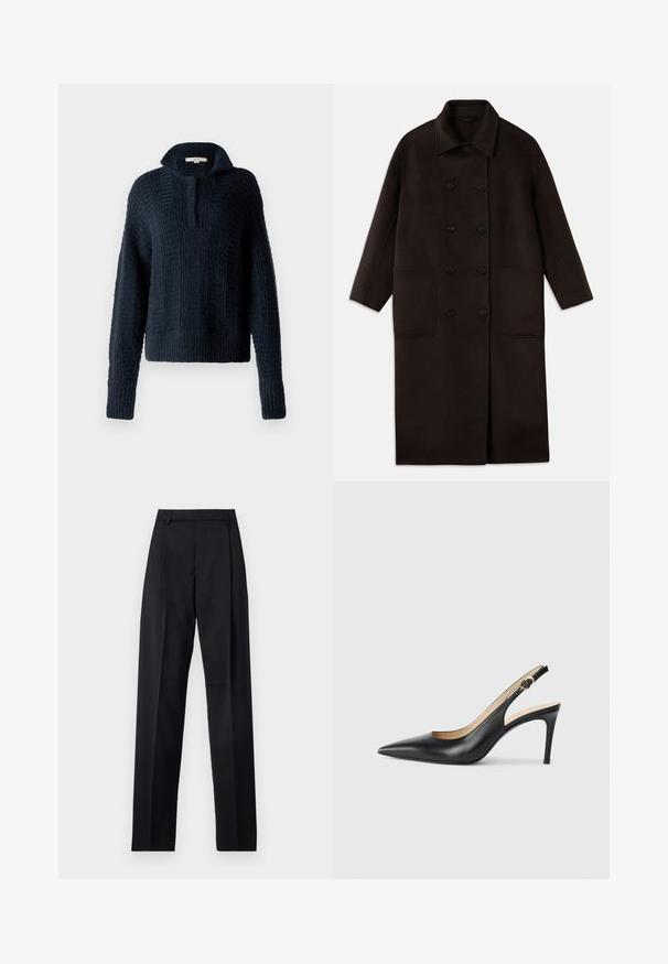 Dark brown, long wool coat with double-breasted buttons, wide collar, long sleeves, and two large front pockets.; Navy knitted sweater with a high collar, featuring textured vertical stripes and ribbed cuffs and hem. Soft, chunky yarn composition.; Black trousers made from smooth fabric featuring a high waist, wide legs, front pleats, and classic belt loops. No side pockets visible.; Black leather slingback high heels with a pointed toe, adjustable strap, and a sleek stiletto heel, featuring a smooth finish.