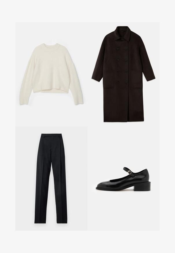 Dark brown, long wool coat with double-breasted buttons, wide collar, long sleeves, and two large front pockets.; Wool sweater in off-white with a round neckline, dropped shoulders, and a cropped hem. Soft texture with a loose fit.; Black trousers made from smooth fabric featuring a high waist, wide legs, front pleats, and classic belt loops. No side pockets visible.; Souliers Martinez PENELOPE - High heels - black
