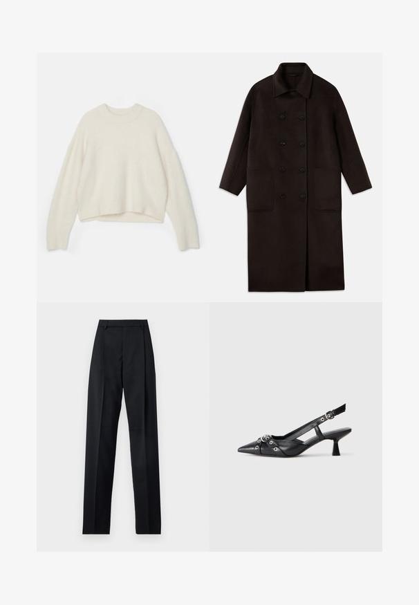 Cappotto lungo in lana marrone scuro, con bottoni doppi, ampio colletto, maniche lunghe e due grandi tasche frontali.; Maglione di lana off-white con scollatura rotonda, spalle abbassate e orlo corto. Tessuto morbido con vestibilità ampia.; Pantaloni neri realizzati in tessuto morbido, caratterizzati da vita alta, gambe larghe, pince frontali e classiche passanti per cintura. Non ci sono tasche laterali visibili.; Scarpa slingback nera in pelle con punta affusolata, cinturini decorativi con occhielli metallici e tacco basso a blocco. Superficie testurizzata.