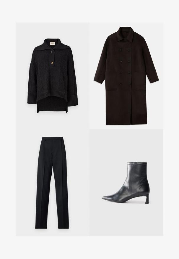 T tumedast pruunist villast pikk sulejope, millel on kahekordsed nööbid, lai krae, pikad varrukad ja kaks suurt esikot.; Mustmustatud kootud kampsun, millel on tekstureeritud muster, kõrge krae ja nööpide sulgemine. Ribatud varrukaservad ja alläär, kuid sellel on kolmnurkne kuldne aktsent.; Mustad püksid siledast kangast, millel on kõrge vöökoht, laiad jalad, esimesed kortsud ja klassikalised vööloopid. Küljepockets pole nähtavad.; Mustad mustall nahkasaabas terava nina ja stiilse disainiga. Omab madalat konts ja luku sulgemist taga. Sile tekstuur.