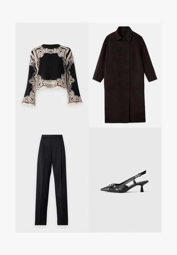 Dunkelbrauner, langer Wollmantel mit doppelreihigen Knöpfen, breitem Kragen, langen Ärmeln und zwei großen vorderen Taschen.; Sea GIANNA COMBO SWEATER - Strickpullover - black; Schwarze Hosen aus glattem Stoff mit hoher Taille, weitem Bein, vorderen Falten und klassischen Gürtelschlaufen. Keine sichtbaren Seitentaschen.; Schwarzer Leder-Slingback-Schuh mit spitz zulaufender Zehenpartie, dekorativen Riemen mit METALLÖSEN und niedrigem Blockabsatz. Strukturelle Oberfläche.