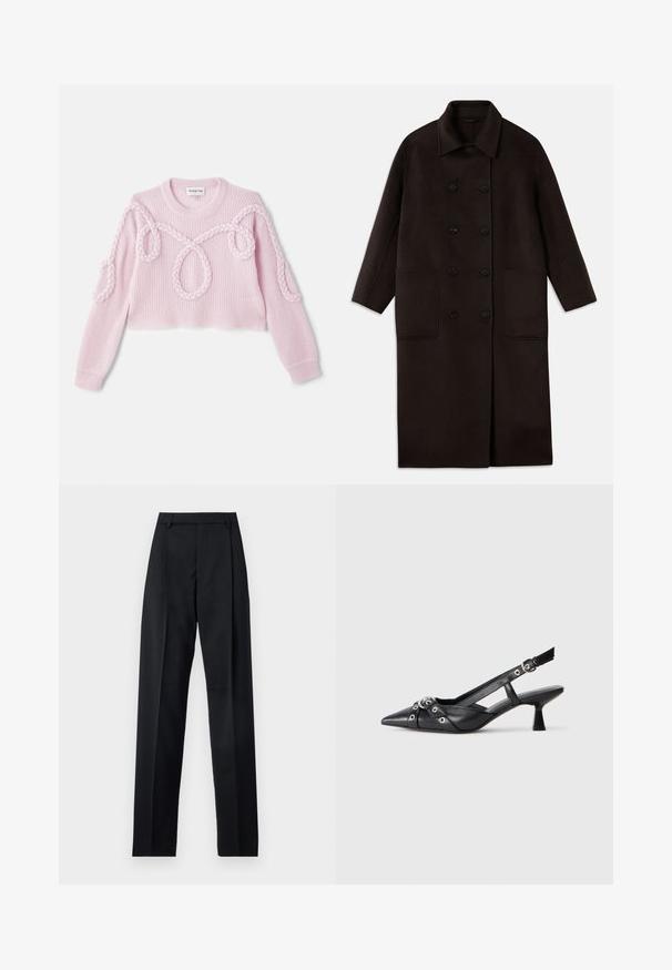 Ciemnobrązowy, długi wełniany płaszcz z podwójnymi guzikami, szerokim kołnierzem, długimi rękawami i dwiema dużymi kieszeniami z przodu.; Różowy krótki sweter z teksturą w prążki i plecionkami wzdłuż ramion i rąk. Wykonany z miękkiej dzianiny.; Czarne spodnie wykonane z gładkiego materiału, z wysokim stanem, szerokimi nogawkami, fałdami z przodu i klasycznymi szlufkami na pasek. Brak widocznych kieszeni bocznych.; Czarne skórzane buty typu slingback z ostrym noskiem, ozdobnymi paskami z metalowymi oczkami oraz niskim klinowym obcasem. Teksturowana powierzchnia.