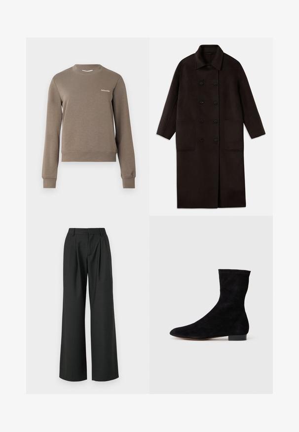 Donkerbruin, lange wollen jas met dubbelrijgsluiting, brede kraag, lange mouwen en twee grote voorzakken.; Bruine sweatshirt met lange mouwen, ronde hals en geribde cuffs. Heeft een klein wit logo aan de bovenlinkerkant. Zachte textuur.; Won Hundred CAMILLE TROUSERS - Broek - licorice; Zwarte suède enkelboot met een aansluitende schacht, puntige neus en een lage blokhak. Gladde textuur en minimalistisch ontwerp, geschikt voor veelzijdige styling.