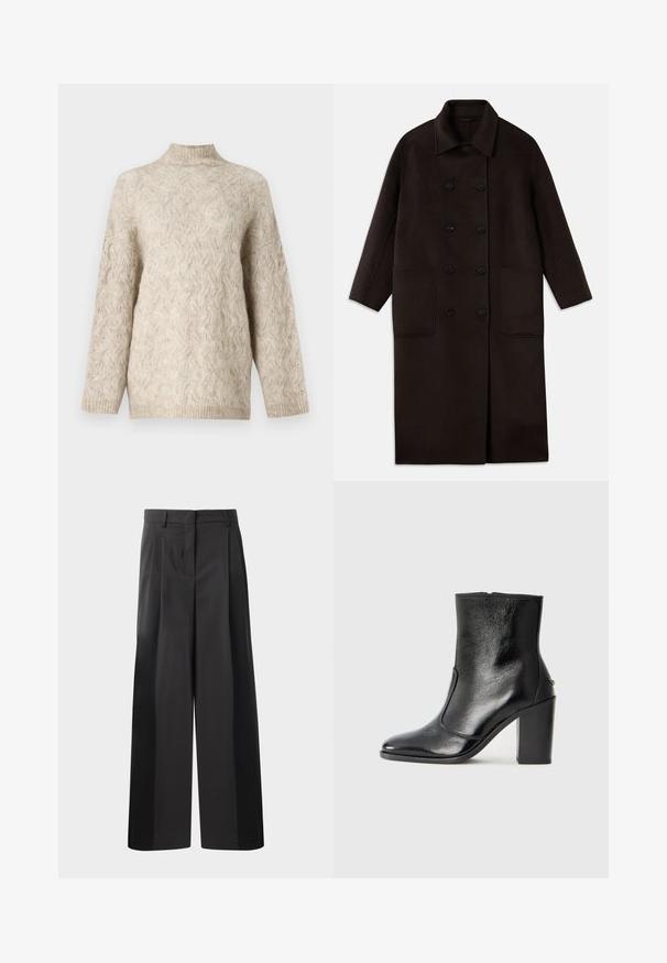 Dunkelbrauner, langer Wollmantel mit doppelreihigen Knöpfen, breitem Kragen, langen Ärmeln und zwei großen vorderen Taschen.; Beige gestrickter Pullover mit hohem Kragen, der ein strukturiertes Zopfmuster und weit geschnittene Ärmel aufweist. Hergestellt aus weicher, flauschiger Wolle.; Schwarze, weit geschnittene Hose mit hoher Taille, versehen mit Frontfalten, einer glatten Textur und einem maßgeschneiderten Finish. Entworfen für eine lockere Passform.; Schwarze Leder-Stiefelette mit glatter Textur, spitzem Fuß und klobigem hohen Absatz. Verfügt über eine seitliche Öffnung und ein minimalistisches Design.