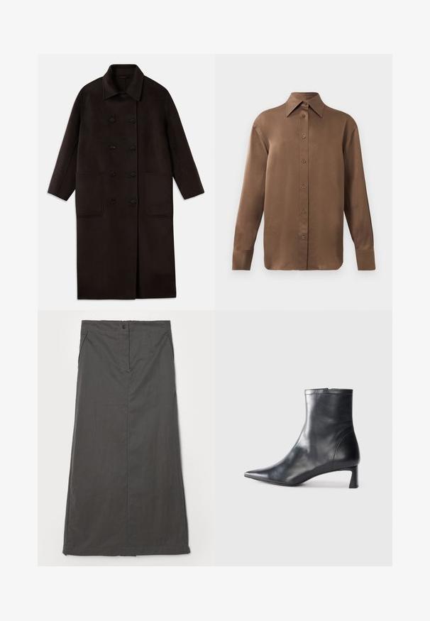 Dark brown, long wool coat with double-breasted buttons, wide collar, long sleeves, and two large front pockets.; Brown long-sleeve button-up shirt with pointed collar and cuffs, displayed against a plain white background.; Gray skirt made from a lightweight material, featuring a straight design, front pockets, a single button closure, and subtle stitching details.; Black leather ankle boot with a pointed toe and a sleek design. Features a low heel and a zipper closure at the back. Smooth texture.