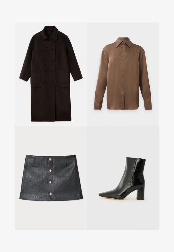 Sötétbarna, hosszú gyapjúszövet kabát dupla gombos záródással, széles gallérral, hosszú ujjaival és két nagy elülső zsebbel.; Barna, hosszúujjú, gombos ing, hegyes gallérral és mandzsettákkal, egyszerű fehér háttér előtt kiemelve.; Fekete bőr mini szoknya, amely karcsú dizájnnal, elöl gombos záródással arany részletekkel és finoman fénylő, texturált felülettel rendelkezik.; Fekete bokacsizma fényes bőrből, hegyes orral és tömör, négyzet alakú sarokkal. Simácska textúrával és minimalista dizájnnal rendelkezik.