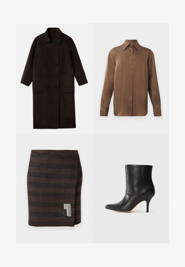 Tumši brūns, garš vilnas mētelis ar dubultām pogām, plašu apkakli, garām piedurknēm un divām lielām priekšējām kabatām.; Brūns garās piedurknes pogājamais krekls ar norādītu apkakli un aprocēm, izlikts pret vienkāršu baltu fonu.; Brūna svārku izstrādājums no teksturēta auduma, ar horizontālām svītrām dažādos toņos. Uz sānu ir birka ar zīmola nosaukumu un kopšanas instrukcijām.; Melnas ādas potītes zābaki ar norādītu pirkstu, šauru stiletto papēdi un gludu tekstūru. Minimalistiska dizaina, bez redzamām detaļām vai akcentiem.