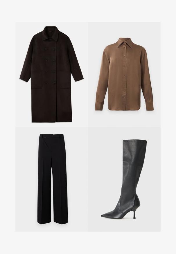 Tumši brūns, garš vilnas mētelis ar dubultām pogām, plašu apkakli, garām piedurknēm un divām lielām priekšējām kabatām.; Brūns garās piedurknes pogājamais krekls ar norādītu apkakli un aprocēm, izlikts pret vienkāršu baltu fonu.; Melni platās bikses ar taisnu priekša, pogu aizdari un gludu auduma tekstūru. Ievērojama tieša piegriezuma un asu līniju klātbūtne.; Ceļa auguma melni ādas zābaki ar smailu purngalu un šauru stiletto papēdi. Gluda tekstūra ar pieguļošu dizainu un izšuvumiem augšējā malā.