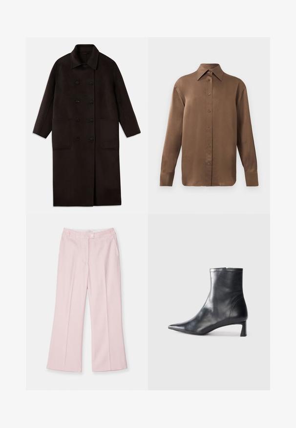 Tmavohnedý, dlhý vlnený kabát s dvojradovým zapínaním, širokým golierom, dlhými rukávmi a dvoma veľkými prednými vreckami.; Hnedá košeľa s dlhým rukávom, so zapínaním na gombíky, s špicatým golierom a manžetami, vystavená na jednoduchom bielom pozadí.; Svetlo ružové široké nohavice s plochým predným dielom, s jedným gombíkom na zapínanie a bočnými vreckami, vyrobené z hladkej tkaniny.; Čierne kožené členkové topánky s špicatou špičkou a elegantným dizajnom. Majú nízky podpätok a zips na zadnej strane. Hladká textúra.