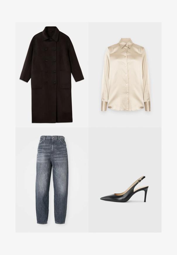 Palton lung, din lână, de culoare maro închis, cu nasturi dubli, guler larg, mâneci lungi și două buzunare mari în față.; Cămașă din satin bej cu guler ascuțit, mâneci lungi, închidere cu nasturi și manșete cu o finisare ușor lucioasă. Fără modele sau accente.; Blugi de culoare albastru închis, confecționați din denim, cu o croială lejeră, design cu picioare drepte și decolorări subtile. Stil standard cu cinci buzunare și închidere cu nasture.; Cizme negre din piele cu toc înalt slingback, cu vârf ascuțit, curea ajustabilă și un toc stiletto elegant, având un finisaj neted.