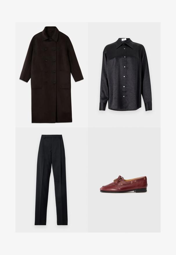Palton lung, din lână, de culoare maro închis, cu nasturi dubli, guler larg, mâneci lungi și două buzunare mari în față.; Cămașă neagră cu mânecă lungă, cu guler, cu o textură șifonată, cu nasturi pe toată lungimea și manșete. Fabricată dintr-un material neted.; Pantaloni negri dintr-un material neted, cu talie înaltă, picioare largi, pliuri frontale și loop-uri clasice pentru curea. Fără buzunare laterale vizibile.; Pantofi de bărci din piele vișinie, cu vârf rotund, design cu șireturi, cu ochiuri aurii și talpă neagră joasă. Textură netedă cu detalii de cusătură.