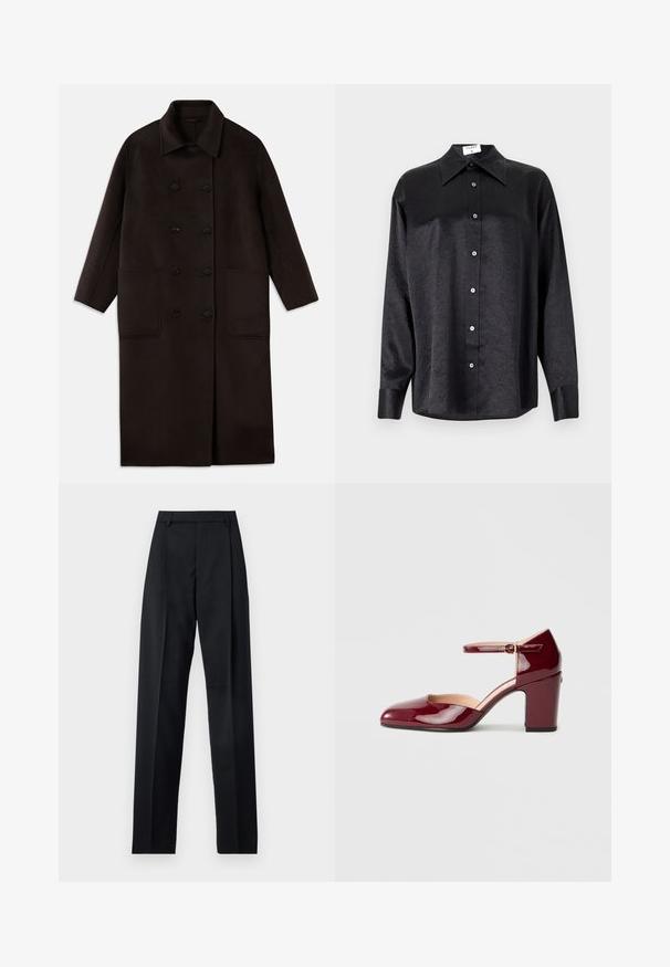 Cappotto lungo in lana marrone scuro, con bottoni doppi, ampio colletto, maniche lunghe e due grandi tasche frontali.; Camicia nera a maniche lunghe con colletto, caratterizzata da una texture stropicciata, chiusura frontale con bottoni e polsini. Realizzata in un tessuto morbido.; Pantaloni neri realizzati in tessuto morbido, caratterizzati da vita alta, gambe larghe, pince frontali e classiche passanti per cintura. Non ci sono tasche laterali visibili.; Scarpa in pelle verniciata bordeaux con punta appuntita, cinturino alla caviglia e tacco a blocco. Presenta un design con ritagli lungo i lati.