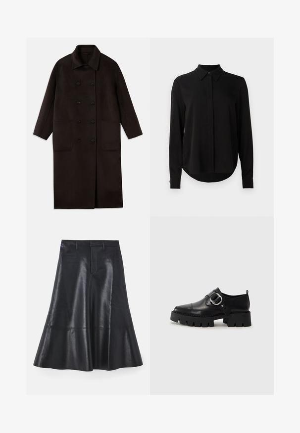 Sötétbarna, hosszú gyapjúszövet kabát dupla gombos záródással, széles gallérral, hosszú ujjaival és két nagy elülső zsebbel.; Fekete hosszú ujjú blúz hegyes gallérral, rejtett gombsorttal és ívelt aljjal egy sima fehér háttér előtt.; Fekete bőr szoknya, fodros kialakítással, közép hosszúságú, sima textúrával és diszkrét varrási részletekkel a szegély mentén.; Fekete bőr cipők tömzsi, bordázott talppal, kerek ezüst hardware díszítéssel és minimális varrási részletekkel.