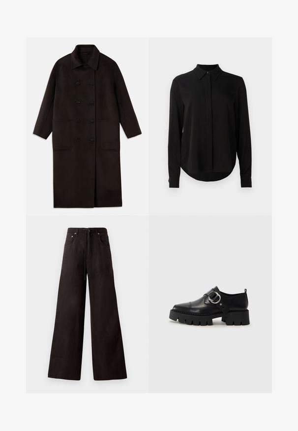 Donkerbruin, lange wollen jas met dubbelrijgsluiting, brede kraag, lange mouwen en twee grote voorzakken.; Zwarte blouse met lange mouwen, spitse kraag, verborgen knoopsluiting en afgeronde zoom tegen een eenvoudige witte achtergrond.; Zwarte wijde broek van lichtgewicht stof. Voorzien van een elastische taille met trekkoord, voorzakken en een subtiele textuur.; Zwarte leren schoenen met een robuuste, geribbelde zool, voorzien van een ronde zilveren hardwareaccent en minimale stikdetails.