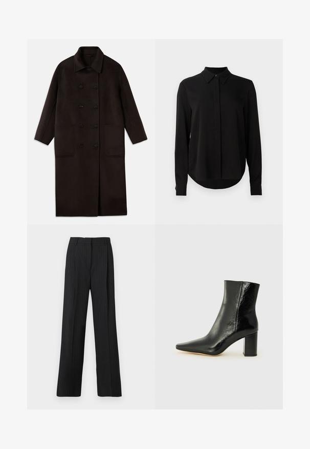 Tmavohnedý, dlhý vlnený kabát s dvojradovým zapínaním, širokým golierom, dlhými rukávmi a dvoma veľkými prednými vreckami.; Čierna blúzka s dlhým rukávom, špicatým golierom, skrytou gombíkovou légou a zakriveným lemom na jasne bielom pozadí.; Čierne pruhované nohavice s voľným strihom, so splošteným predným dielom, dvomi bočnými vreckami a hladkou textúrou látky.; Čierne členkové čižmy vyrobené z lesklej kože s špicatou špičkou a robustným štvorcovým podpätkom. Majú hladkú textúru a minimalisti design.