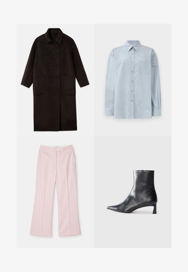 Tamsiai rudas, ilgas vilnonis paltas su dvigubais mygtukais, plačiu apykakle, ilgomis rankovėmis ir dviem didelėmis priekinėmis kišenėmis.; Šviesiai mėlynas ilgomis rankovėmis marškiniai su smailiu apykakle ir krūtinės kišene, ištiesti ant baltos fono.; Šviesiai rožinės, plačios kojos kelnės su lygia priekiu, turinčios vieną mygtuką ir šonines kišenes, pagamintos iš lygaus audinio.; Juodas odinis kulkšninis batas su smailiu pirštu ir elegantišku dizainu. Turi žemą kulną ir užtrauktuką gale. Lygi tekstūra.