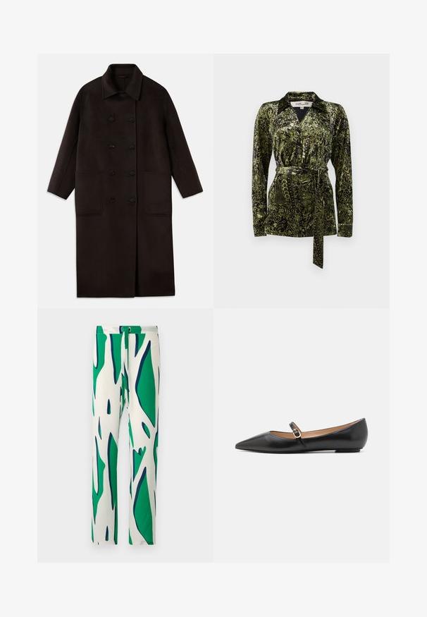 Tumši brūns, garš vilnas mētelis ar dubultām pogām, plašu apkakli, garām piedurknēm un divām lielām priekšējām kabatām.; Diane von Furstenberg LARGARDE - Pogājama blūze - green; Baltie bikses ar spilgtu zaļu un tumši zilu abstraktu rakstu. Izstrādātas ar taisnu kāju un fiksētas ar pogu aizdari.; Melnas ādas baleta kurpes ar norādīto pirkstu un sānu siksniņu, kurai ir apaļš zelta akcents. Vieglas ar plakanu zoli.