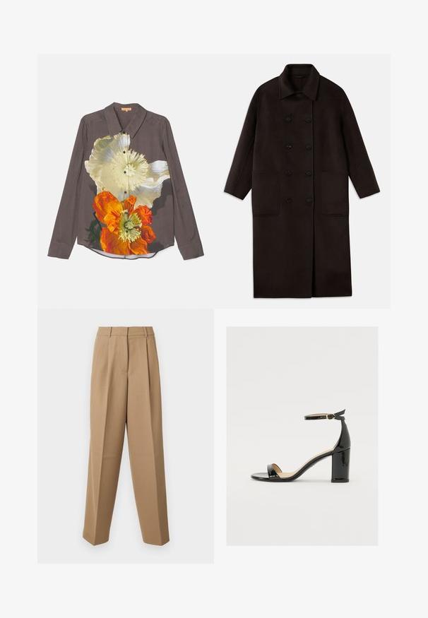 Mørkebrun, lang uldfrakke med dobbeltknapper, bred krave, lange ærmer og to store frontlommer.; Stine Goya FELIX - Skjortebluser - grey; Beige skræddersyede bukser med høj talje, plisseret front og bred benudskæring. Stoffet ser glat ud med en let glans.; Sorte lakerede sandaler med bred hæl, åben tå og ankelrem med en guldbuckle. Glat tekstur og strømlinet design.