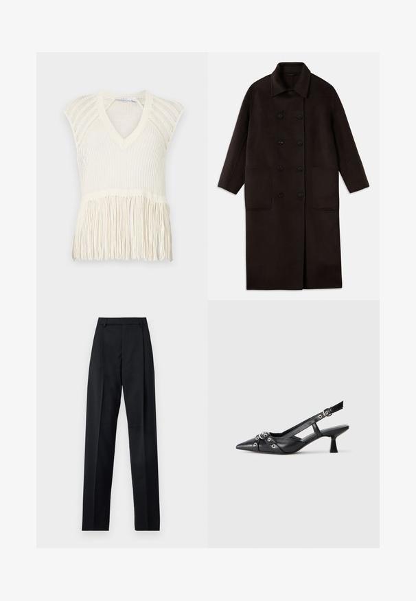 Cappotto lungo in lana marrone scuro, con bottoni doppi, ampio colletto, maniche lunghe e due grandi tasche frontali.; Top gilet lavorato a maglia di colore crema con scollatura a V, maniche corte e dettagli in frange sull'orlo. Presenta un motivo intrecciato testurizzato su tutta la superficie.; Pantaloni neri realizzati in tessuto morbido, caratterizzati da vita alta, gambe larghe, pince frontali e classiche passanti per cintura. Non ci sono tasche laterali visibili.; Scarpa slingback nera in pelle con punta affusolata, cinturini decorativi con occhielli metallici e tacco basso a blocco. Superficie testurizzata.