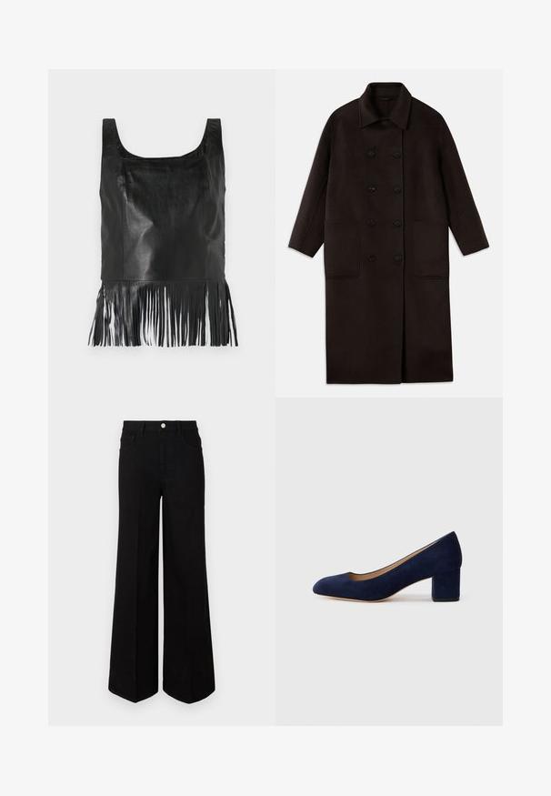 Abrigo de lana largo de color marrón oscuro, con botones dobles, cuello ancho, mangas largas y dos grandes bolsillos frontales.; Top sin mangas de cuero negro con escote cuadrado, que presenta un detallado de flecos largos en el dobladillo y una textura suave.; Pantalones de mezclilla negros de pierna ancha, hechos de una tela resistente, con una cintura alta, bolsillos frontales y un cierre de botón en la parte delantera. Dobladillo recto en la parte inferior.; Zapato de tacón de ante azul marino con punta afilada y tacón bloque de altura media. Textura suave con un ligero brillo y un pequeño corte en la parte delantera.