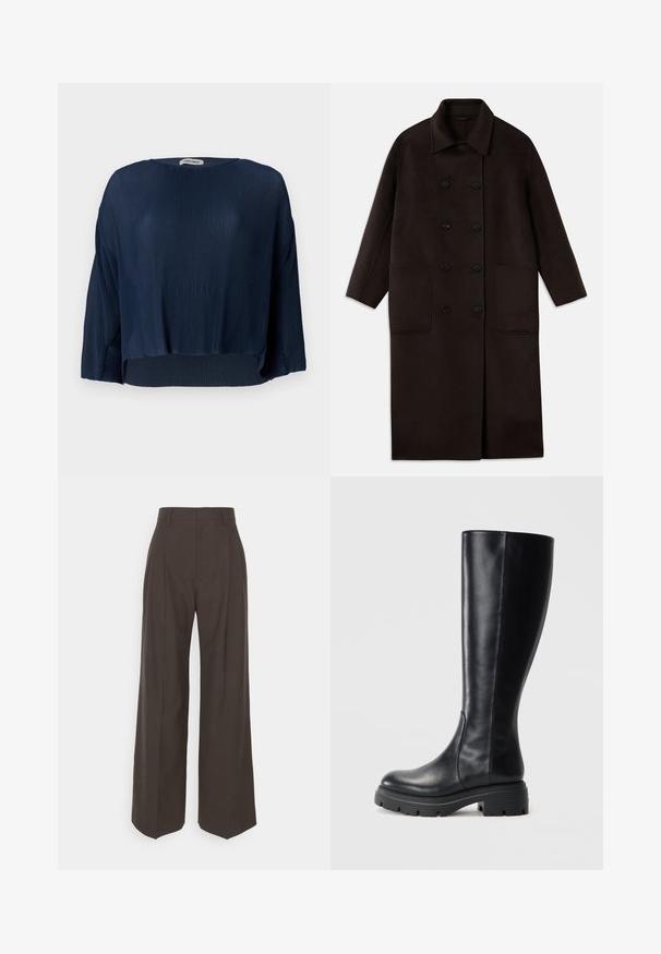 Casaco de lã longo, castanho escuro, com botões duplos, colarinho largo, mangas longas e dois grandes bolsos frontais.; Top em azul-marinho com nervuras, decote redondo, mangas largas e barra cropped. O tecido tem uma aparência suave e texturizada, com um caimento descontraído.; Calças largas castanhas escuras com cintura alta, apresentando pregas bem vincadas, textura suave e um corte ajustado.; Botas pretas até ao joelho, feitas de couro liso, com ponta arredondada e sola de borracha robusta com padrões de ranhura para tração.