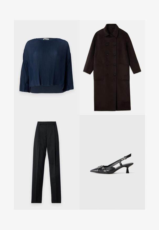 Casaco de lã longo, castanho escuro, com botões duplos, colarinho largo, mangas longas e dois grandes bolsos frontais.; Top em azul-marinho com nervuras, decote redondo, mangas largas e barra cropped. O tecido tem uma aparência suave e texturizada, com um caimento descontraído.; Calças pretas feitas de um tecido suave, com uma cintura alta, pernas largas, pregas frontais e passadores de cinto clássicos. Não há bolsos laterais visíveis.; Sapato slingback em couro preto com biqueira fina, tiras decorativas com ilhós de metal e um pequeno salto quadrado. Superfície texturizada.