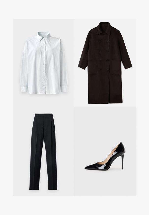 Tamno smeđi, dugi kaput od vune s dvostrukim dugmadi, širokim ovratnikom, dugim rukavima i dva velika prednja džepa.; Svijetlopliva košulja s dugim rukavima i klasičnom ovratnikom, opuštenog kroja. Izrađena od glatkog materijala s blagim sjajem.; Crne hlače od glatkog materijala s visokim strukom, širokim nogavicama, prednjim pregibima i klasičnim petljama za remen. Nema vidljivih bočnih džepova.; Crne lakirane kožne štikle s dizajnom ušiljenog nosa i elegantnom siluetom. Imaju glatku, sjajnu završnu obradu i vitak stiletto potplat.