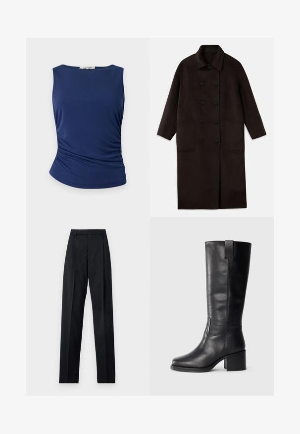 Donkerbruin, lange wollen jas met dubbelrijgsluiting, brede kraag, lange mouwen en twee grote voorzakken.; Marineblauw mouwloos topje van soepel, rekbaar materiaal. Heeft gathered zijdetails en een afgeronde zoom voor een aansluitende look.; Zwarte broek gemaakt van gladde stof met een hoge taille, wijde benen, voorplooien en klassieke ceintuurlussen. Geen zijzakken zichtbaar.; Zwarte leren kniehoge laarzen met een gladde textuur, vierkante neus, blokhak en zijhandvat, met minimale stikseldetails.
