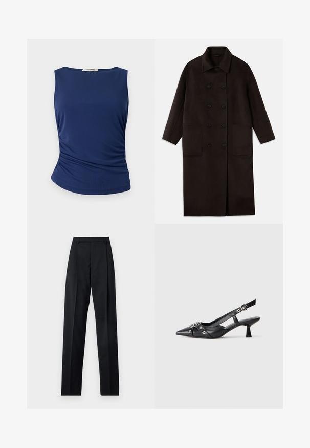 Casaco de lã longo, castanho escuro, com botões duplos, colarinho largo, mangas longas e dois grandes bolsos frontais.; Top sem mangas azul-marinho feito de um tecido suave e elástico. Apresenta detalhes franzidos nas laterais e uma bainha arredondada para um ajuste elegante.; Calças pretas feitas de um tecido suave, com uma cintura alta, pernas largas, pregas frontais e passadores de cinto clássicos. Não há bolsos laterais visíveis.; Sapato slingback em couro preto com biqueira fina, tiras decorativas com ilhós de metal e um pequeno salto quadrado. Superfície texturizada.