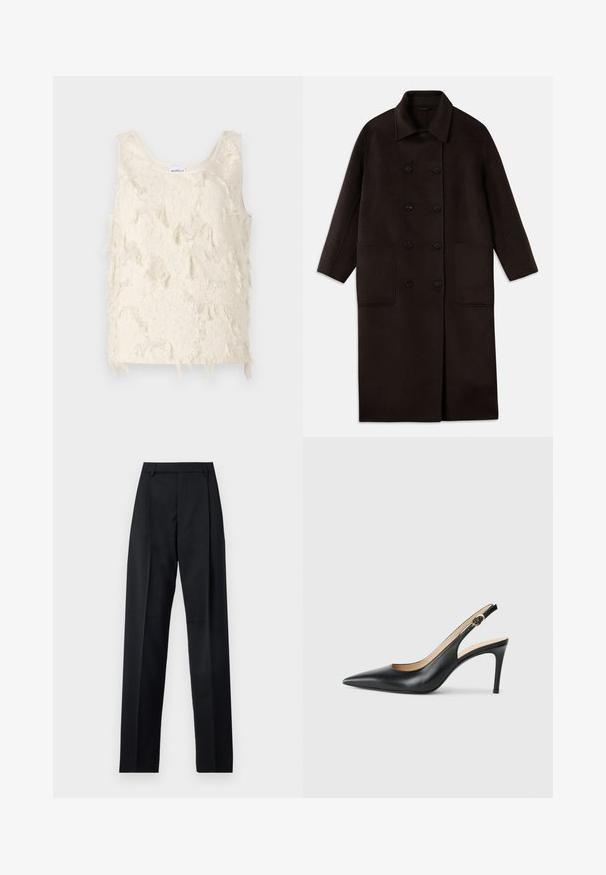 Dark brown, long wool coat with double-breasted buttons, wide collar, long sleeves, and two large front pockets.; Cream-colored sleeveless top with a textured, fringed pattern and smooth edges. Label at the neckline reads "Marella."; Black trousers made from smooth fabric featuring a high waist, wide legs, front pleats, and classic belt loops. No side pockets visible.; Black leather slingback high heels with a pointed toe, adjustable strap, and a sleek stiletto heel, featuring a smooth finish.
