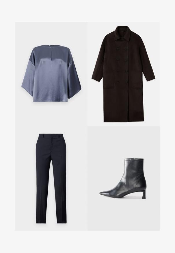 Cappotto lungo in lana marrone scuro, con bottoni doppi, ampio colletto, maniche lunghe e due grandi tasche frontali.; Top in satin grigio con una vestibilità morbida, caratterizzato da un collo rotondo e una leggera fessura frontale, con maniche lunghe fino al gomito.; Pantaloni tailored blu navy a gamba dritta, caratterizzati da una texture liscia, due tasche frontali e una vita pulita.; Stivaletto in pelle nera con punta affusolata e design elegante. Presenta un tacco basso e una chiusura con zip sul retro. Texture liscia.