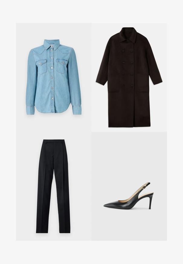 Dark brown, long wool coat with double-breasted buttons, wide collar, long sleeves, and two large front pockets.; Light blue denim shirt with long sleeves, button placket, and two chest pockets. Features a classic collar and subtle stitching accents.; Black trousers made from smooth fabric featuring a high waist, wide legs, front pleats, and classic belt loops. No side pockets visible.; Black leather slingback high heels with a pointed toe, adjustable strap, and a sleek stiletto heel, featuring a smooth finish.