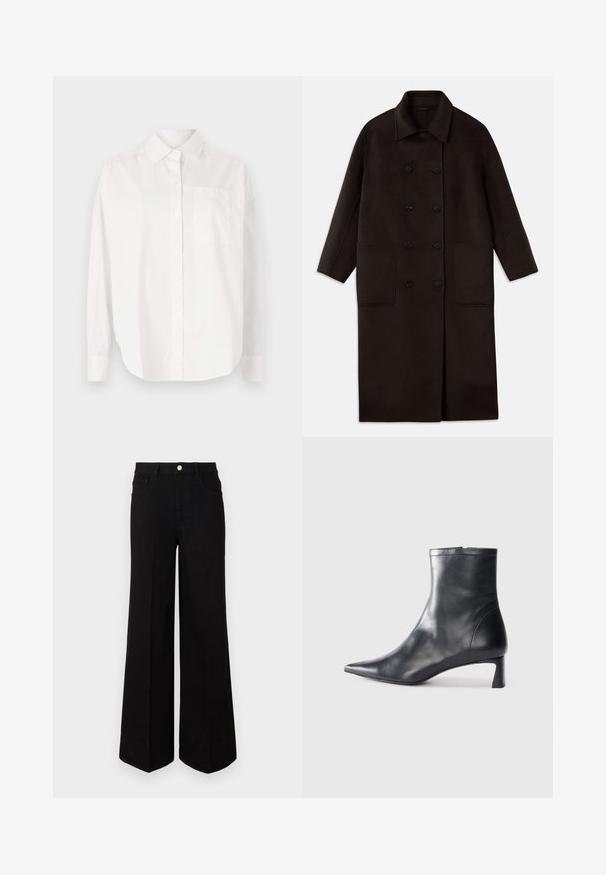 Temno rjav, dolg volnen plašč z dvojnimi gumbi, širokim ovratnikom, dolgimi rokavi in dvema velikima sprednjima žepoma.; Bela srajca z dolgimi rokavi iz bombaža. Ima kragen s gumbi, sprednji žep in ravno krojenje z gumbom za zapiranje.; Črne široke kavbojke iz trpežnega materiala, z visokim pasom, sprednjimi žepi in sprednjim gumbom. Raven rob na dnu.; Črne usnjene gležnjarje s šiljastim nosom in elegantnim dizajnom. Imajo nizko peto in zadrgo na zadnji strani. Gladka tekstura.