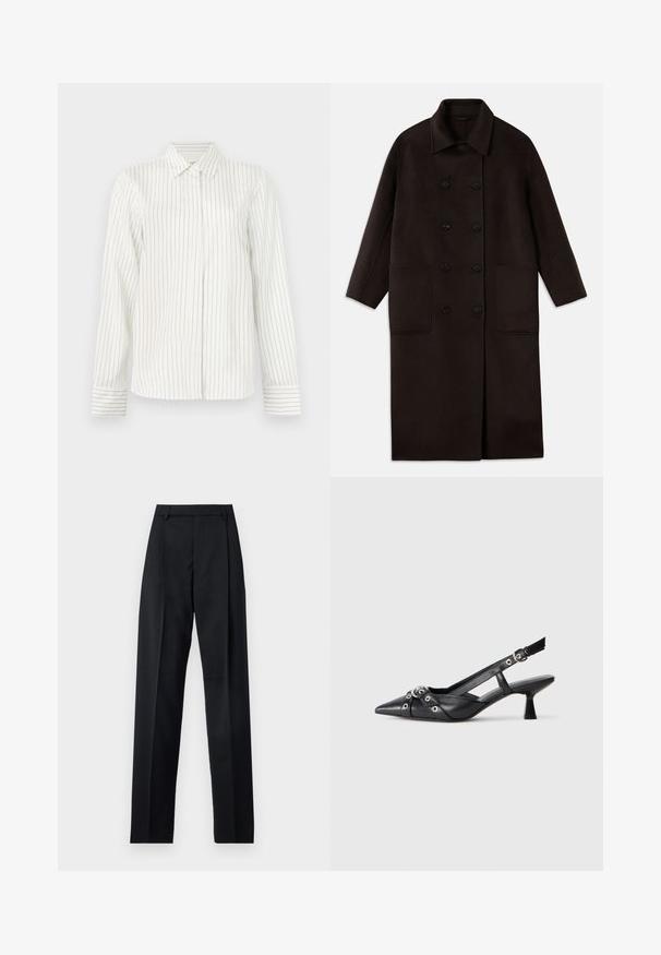 Tumši brūns, garš vilnas mētelis ar dubultām pogām, plašu apkakli, garām piedurknēm un divām lielām priekšējām kabatām.; Baltā krekla ar vertikālām gaiši pelēkām un zilām svītrām, garām piedurknēm, standarta apkakli un taisnu apakšmalu.; Melnas bikses, izgatavotas no gludas auduma, ar augstu vidukli, platiem bikšu galdniekiem, priekšējiem krokām un klasiskām jostu cilpām. Sānu kabatas nav redzamas.; Melnas ādas šlipsveida kurpes ar norādītu purngalu, dekoratīvām joslām ar metāla acīm un zemu bloku papēdi. Teksturēta virsma.