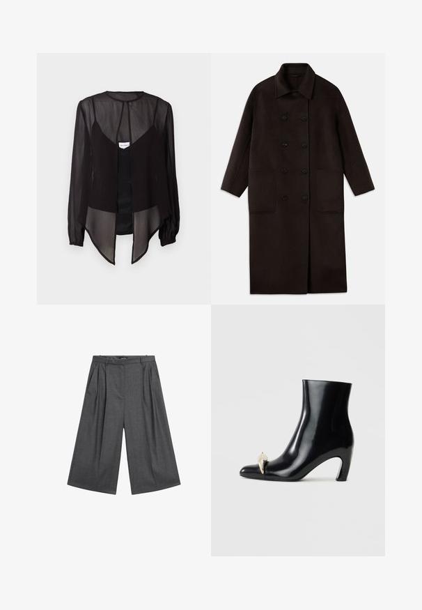 Mørkebrun, lang uldfrakke med dobbeltknapper, bred krave, lange ærmer og to store frontlommer.; Sort gennemsigtig bluse med lange ærmer, høj hals og en asymmetrisk kant. Har en frontknaplukning og lagdelte designelementer.; Grå bredbenede bukser lavet af struktureret stof, med frontfolder, høj talje og sidelommer. Flad talje uden synlig lukning.; Sort ankelstøvle lavet af blank læder, med spids tå og en dekorativ guld- og sølvaccent foran. Design med blokhæle.