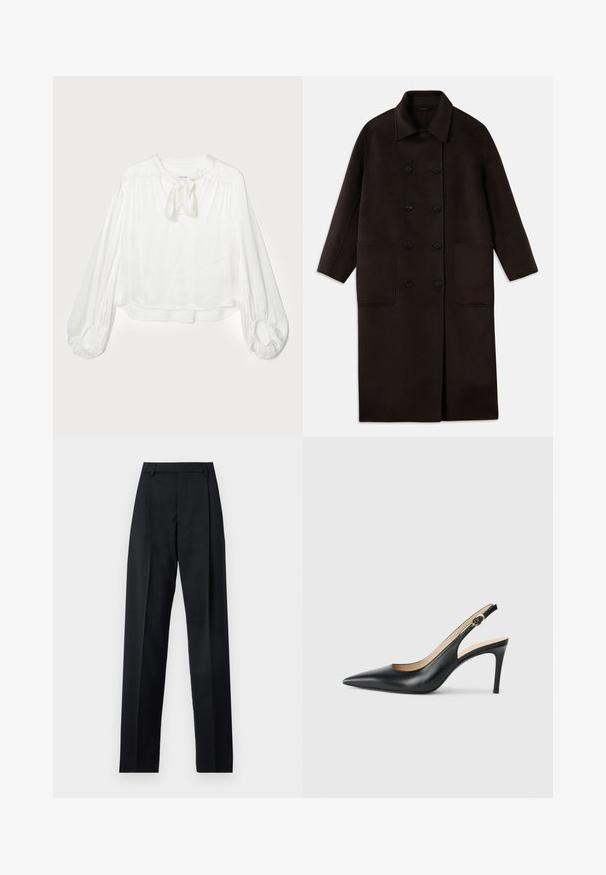 Dark brown, long wool coat with double-breasted buttons, wide collar, long sleeves, and two large front pockets.; White blouse with a round neckline and a tied bow detail. Features long, puffed sleeves with gathered cuffs and a loose fit. Soft, lightweight fabric.; Black trousers made from smooth fabric featuring a high waist, wide legs, front pleats, and classic belt loops. No side pockets visible.; Black leather slingback high heels with a pointed toe, adjustable strap, and a sleek stiletto heel, featuring a smooth finish.