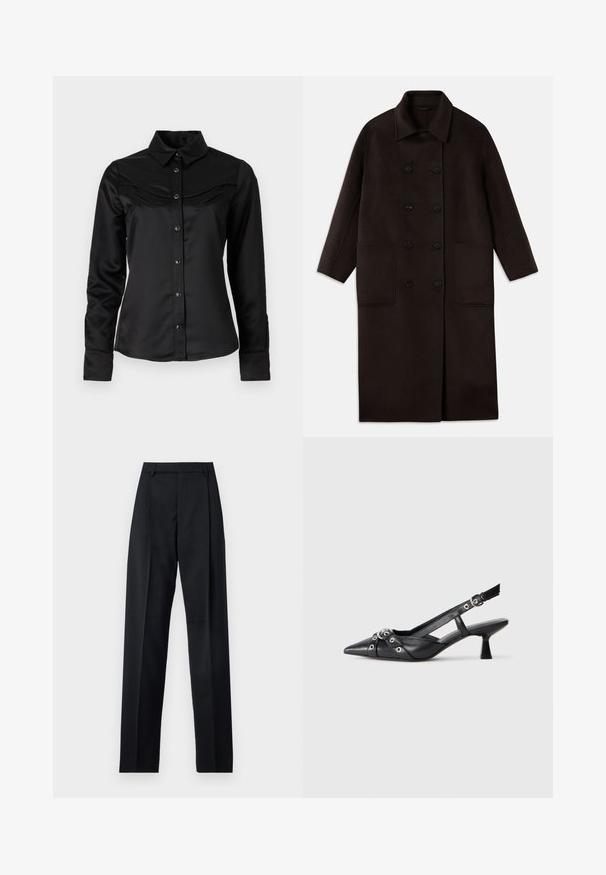 Tamsiai rudas, ilgas vilnonis paltas su dvigubais mygtukais, plačiu apykakle, ilgomis rankovėmis ir dviem didelėmis priekinėmis kišenėmis.; Juodas satino marškiniai su mygtukų uždarymu priekyje, smailiu apykakle ir western tipo pečių siūlėmis su dviem krūtinės kišenėmis. Ilgomis rankovėmis su rankogaliais.; Juodos kelnės iš lygaus audinio, pasižyminčios aukštu liemeniu, plačiomis kojomis, priekinėmis klostėmis ir klasikiais diržo kilpomis. Šoninių kišenių nematyti.; Juodas odinis slingback tipo batai su smailiu priekiniu atvartu, dekoratyvinėmis sagtimis su metaliniais akyčiais ir žemu blokiniu kulnu. Saldus paviršius.