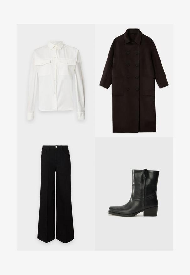 Tamno smeđi, dugi kaput od vune s dvostrukim dugmadi, širokim ovratnikom, dugim rukavima i dva velika prednja džepa.; Bijela pamučna košulja dugih rukava s oštrim ovratnikom, dva prednja džepa i kopčanjem na gumbiće. Ima glatku teksturu i prilagođeni kroj.; Crne široke traperice od čvrstog materijala, s visokim strukom, prednjim džepovima i prednjim kopčanjem na dugme. Ravni rub na dnu.; Crne kožne čizme do članaka s okruglim vrhom, blok potpeticom, bočnim patentnim zatvaračem i detaljima od šavova na gornjem dijelu. Glatka tekstura, klasičan dizajn.