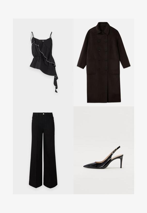 Tamsiai rudas, ilgas vilnonis paltas su dvigubais mygtukais, plačiu apykakle, ilgomis rankovėmis ir dviem didelėmis priekinėmis kišenėmis.; Juodas be rankovių topas su asimetriniu raukšlėtu dizainu, susiraukšlėjusiu juosmeniu ir kontrastinga balta siūle, akcentuojančia kraštus.; Juodi plačiakojai džinsai, pagaminti iš tvirto audinio, su aukštu juosmeniu, priekinėmis kišenėmis ir priekiniais mygtukais. Lygus hem pastatytoje apačioje.; Juodas lakinės odos slingback batelis su smailiu nosiu, plonu kulnu ir subtiliu išpjovos dizainu. Yra auksinė sagtis ant dirželio.