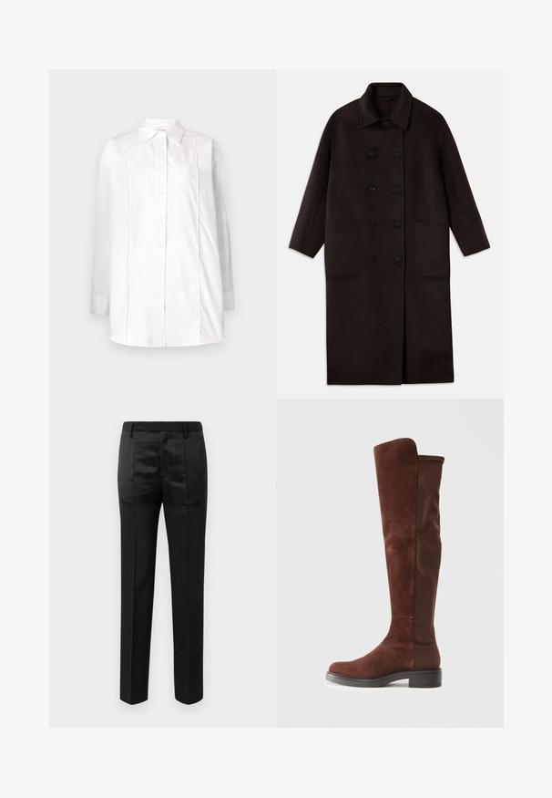 Cappotto lungo in lana marrone scuro, con bottoni doppi, ampio colletto, maniche lunghe e due grandi tasche frontali.; Camicia bianca a maniche lunghe in cotone con colletto classico, chiusura frontale con bottoni e dettagli a pieghe verticali sul corpino.; Pantaloni neri su misura con gamba dritta e una vita con passanti per cintura, caratterizzati da un mix di pannelli di tessuto opaco e lucido.; Stivale alto in suede marrone e tessuto con tacco nero basso e punta arrotondata, mostrato in vista laterale su sfondo bianco puro.