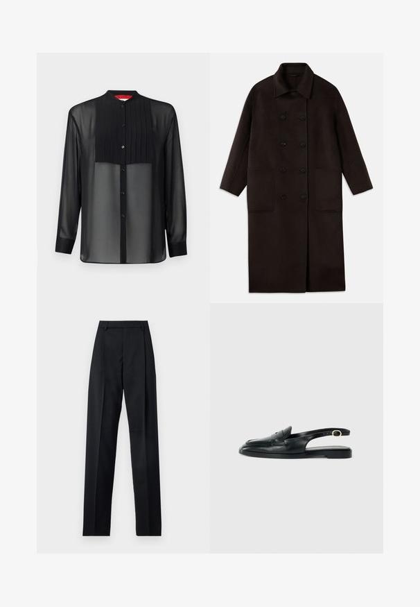Mørkebrun, lang uldfrakke med dobbeltknapper, bred krave, lange ærmer og to store frontlommer.; Sort langærmet skjorte med gennemsigtig stof og plisseret frontpanel. Har en mandarin-krave og knaplukning foran.; Sorte bukser lavet af glat stof, der har høj talje, brede ben, frontfolder og klassiske bælteløkker. Ingen synlige sidelommer.; Sorte læder slingback sko med rund tå, flad sål, udskæring på siden og rem med guldfarvet hardwaredetalje.