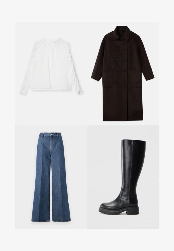 Tmavě hnědý dlouhý vlněný kabát s dvojitým zapínáním na knoflíky, širokým límcem, dlouhými rukávy a dvěma velkými předními kapsami.; Bílé tričko s dlouhými rukávy a kulatým výstřihem, s nabíranými detaily na rukávech. Vyrobeno z lehkého materiálu s volným střihem.; Modré džíny s širokými nohavicemi a vysokým pasem, s klasickým pětikapsovým střihem a knoflíkovým zapínáním, vyrobené z texturované bavlny.; Černé kozačky po kolena vyrobené z hladké kůže, s kulatou špičkou a robustní gumovou podrážkou s dezény pro lepší trakci.
