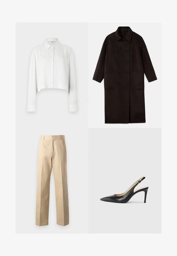 Abrigo de lana largo de color marrón oscuro, con botones dobles, cuello ancho, mangas largas y dos grandes bolsillos frontales.; Camisa blanca corta con mangas largas, botonadura frontal y cuello clásico. Fabricada en un tejido suave con puños estructurados y un diseño minimalista.; Pantalones beige ajustados con un diseño de pierna recta, que presentan una textura suave, pliegues centrales en la parte delantera y una cinturilla clásica.; Tacones altos negros de cuero con tirantes, punta afilada, correa ajustable y un elegante tacón de aguja, con un acabado suave.